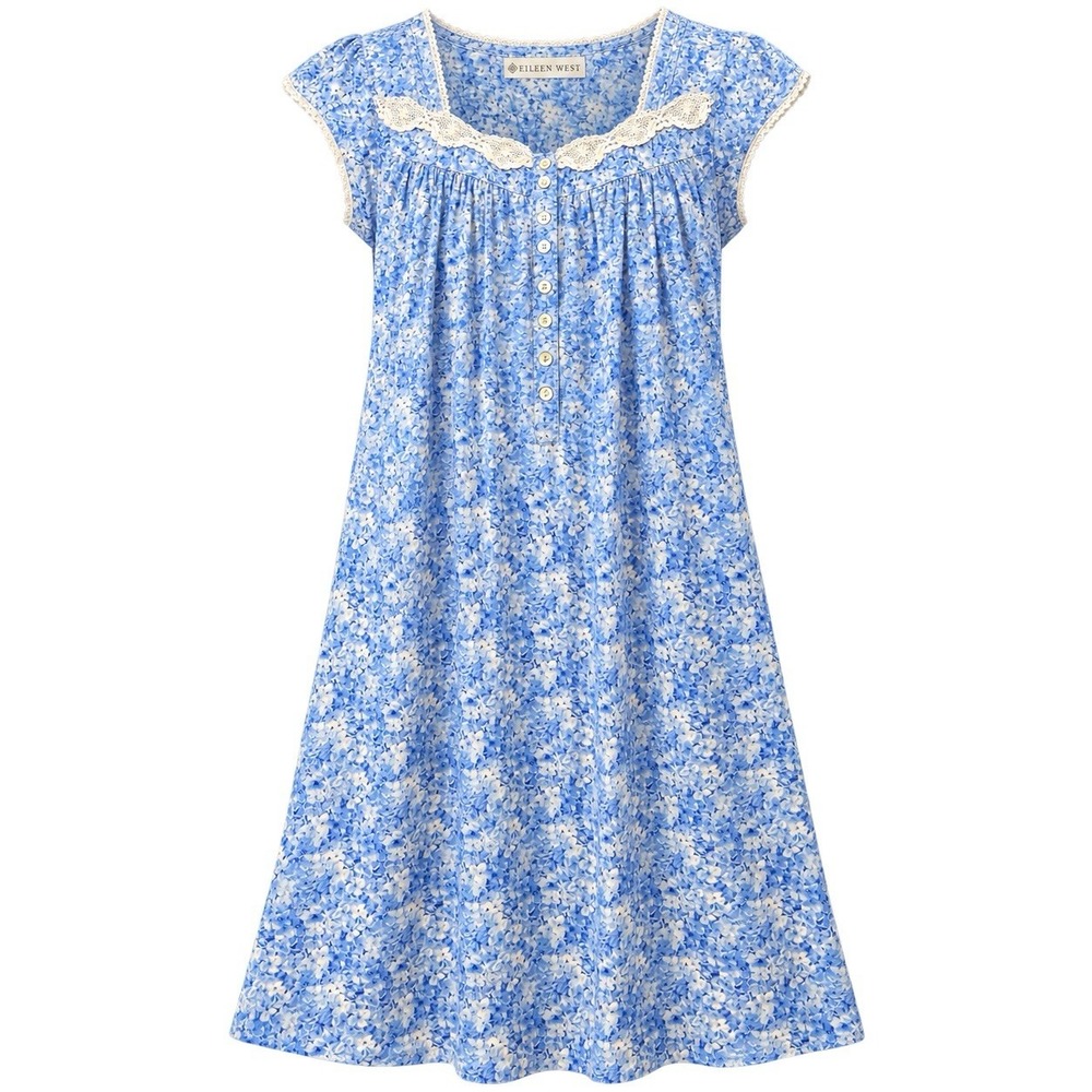 Eileen West Nightgown Medium Blue Floral Cotton Modal Lace Waltz Gown Cottage